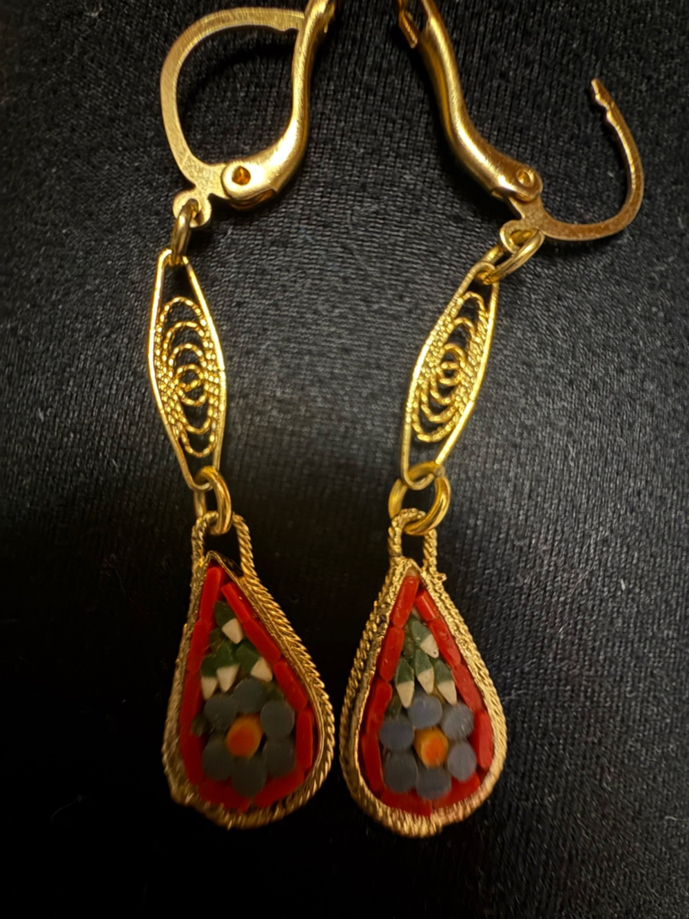 Gold Teardrop Mosaic Pendant with Blue Flower